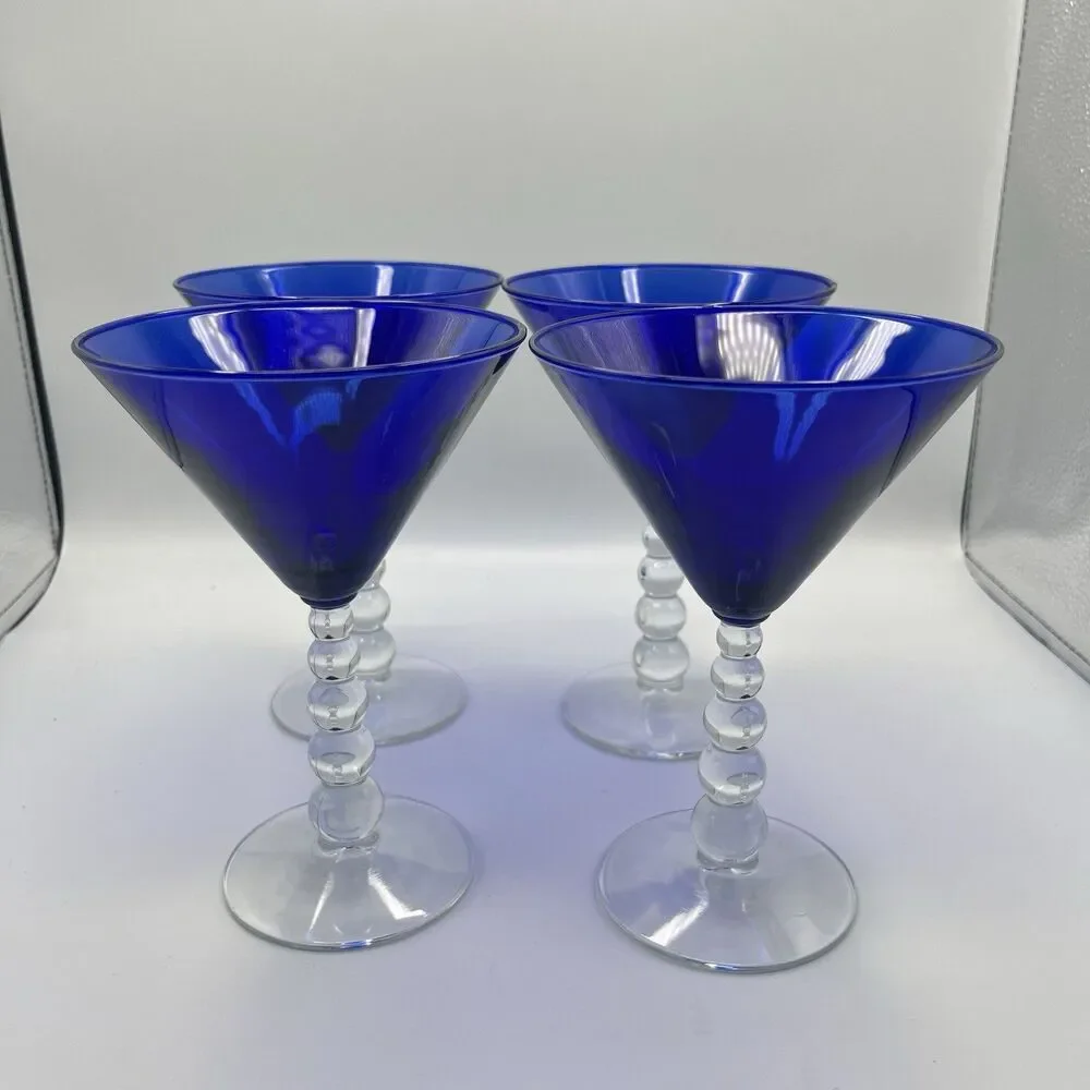 Set of 4 Cobalt Blue Martini Glasses Clear Stacked Ball Beaded Stem Art Glass
